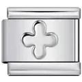 Detail van zilveren roestvrijstalen modulaire bedel met een klavertje vier reliëf - Stalen Klavertje Vier Reliëf (5808) / Zilver