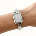 Elegant silver rectangular women's quartz watch with shimmering glitter dial and link strap - Silver Starry White