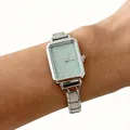Elegant rectangular women's quartz watch with mint green glitter dial and silver steel strap. - Silver Starry Light Green