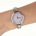 Detailed view of fashionable stainless steel modular watch with pink glitter dial on wrist - Pink Dial Modular Watch(4623)