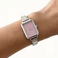 Elegant women's rectangular quartz watch with pink glitter dial and silver strap - Silver Starry Pink