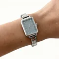 Elegant square quartz watch for women with silver stainless steel link bracelet - Silver Starry Light Blue