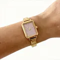 Square women's quartz watch with pink glitter dial and gold stainless steel strap - Gold Starry Pink