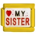 Gold plated stainless steel modular Italian charm link featuring a red heart and My Sister text - White SISTER (5926)