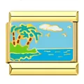 Detalle de eslabón de pulsera de acero dorado con diseño de esmalte de playa tropical. - Paisaje de Vacaciones en la Isla (ICJ095-2)