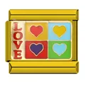 Macro view of gold stainless steel DIY bracelet link featuring LOVE and colorful hearts - Four Hearts (5932)