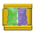 Gold stainless steel modular charm for DIY bracelets featuring green and purple gummy bears - Bear Brothers (5930)