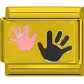 Detailed view of 18K gold plated stainless steel modular charm with handprint design - Handprints (5929)