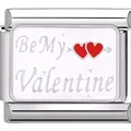 Close-up detail of stainless steel heart charm link with Be My Valentine engraving - Valentine Double Heart