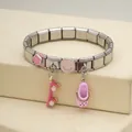 Close-up of stainless steel Italian charm bracelet with pink smiley and shoe charms - Pink Theme Bracelet (1)