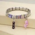 Close-up of an Italian modular stainless steel charm bracelet with colorful pendants. - Purple Mixed Bracelet (4)