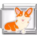 Detailed close-up of a stainless steel Italian charm link with enamel Corgi dog - Cute Corgi