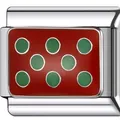 Detailed macro shot of a silver modular DIY bracelet charm with red enamel and green dots. - Red with Green Dots