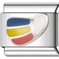 Detail view of a stainless steel Italian charm link featuring a colorful striped mask design. - Abstract Color Blocks
