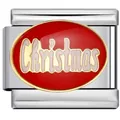 Stainless steel 9mm modular bracelet link charm with red enamel Christmas text design - Oval Christmas Enamel