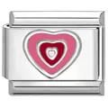 Roestvrijstalen bedelarmband schakel met gelaagd roze en rood hartvormig ontwerp - Driekleurig Hart Roze Rood / Zilver