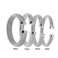 Detailansicht vier verschiedener Breiten (8-16mm) von Edelstahl-Federarmreifen. - Gewinde Offener Stil (5077) / 8mm / Silber