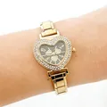 Elegant gold heart-shaped women's watch featuring a sparkling rhinestone bezel on a wrist. - Heart Butterfly Pattern (5225) / Gold (5225-Gold Black Dial)