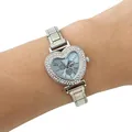 Close-up of elegant heart-shaped watch with rhinestone bezel and blue dial on wrist - Silver (5232-Silver Blue Dial)