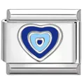 Roestvrijstalen hart boze oog bedeltje voor modulaire Italiaanse armbanden. - Driekleurig Hart Blauw Groen / Zilver