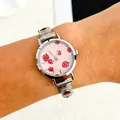 Close-up of a pink dial ladies watch with cute strawberry prints and silver metal band. - Round Strawberry Modular Style (5154) / Silver