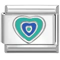 Roestvrijstalen modulaire DIY armband schakel met turkoois en blauw hart emaille - Driekleurig Hart Groen Blauw / Zilver
