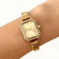 Close-up view of an elegant gold square women's watch with rhinestones on a wrist. - Gold Square Rhinestone Modular Watch (4628) / Gold, Golden Yellow