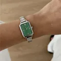 Elegant women's quartz watch with silver steel strap and rectangular green sunray dial - Square Green Dial Silver Band