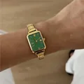 Elegant women's rectangular quartz watch with green dial and gold steel band - Square Green Dial Gold Band