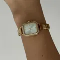 Elegant square gold watch with rhinestone bezel on a modular metal strap - Gold Square Rhinestone Modular Watch (4627) / Gold, Light Green