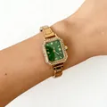 Elegant ladies gold square quartz watch featuring a green dial and diamond-set bezel. - Gold Square Rhinestone Modular Watch (4630) / Gold, Dark Green