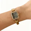 Montre carrée élégante pour femme dorée avec lunette en cristal et bracelet à maillons - Or, Noir