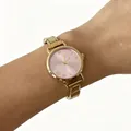 Elegant dameshorloge met roze wijzerplaat en goudkleurige modulaire horlogeband - Roze Ronde Wijzerplaat (4691)