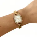 Montre carrée dorée élégante en quartz pour femme avec lunette en strass au poignet - Or, Blanc