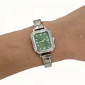 Montre élégante pour femme à cadran carré vert et lunette sertie de strass - Argent, vert foncé