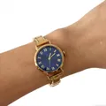 Elegante dameskwartshorloge met blauwe wijzerplaat en gouden roestvrijstalen band - Donkerblauwe Ronde Wijzerplaat (4697)