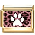 Goldenes Italian Charm mit rosa Leopardenmuster und weißer Pfote für DIY-Armbänder - Hellrosa Leoparden Pfote Charm / 5