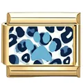 Goldfarbenes italienisches Charm mit hellblauem Pfotenabdruck und schickem Leopardenmuster - Blau Schwarz Leoparden Pfote Charm / 8