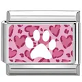 Maillon de breloque italienne en acier avec patte blanche et motif léopard de cœur rose - 14