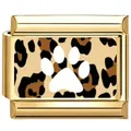 Vergoldetes italienisches Charm-Glied mit Leopardenmuster und weißem Pfotenmotiv - Braun Schwarz Leoparden Pfote Charm / 9