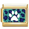 Goldenes italienisches Charm-Glied mit weißem Pfotenabdruck und blauem Leopardenmuster - Blaugrün Leoparden Pfote Charm / 10
