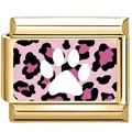 Goldenes italienisches Charm-Glied mit rosa Leopardenmuster und weißem Pfotenmotiv - Pink Schwarz Leoparden Pfote Charm / 11