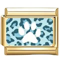 Goldfarbenes Edelstahl-Charm mit blauem Leopardenmuster und weißem Pfotenabdruck - Blau Blaugrün Leoparden Pfote Charm / 12