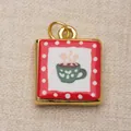Close-up detail of a square copper pendant featuring a hand-painted green coffee cup design - Coffee Cup Pattern Style (1) / Multicolor (Green Coffee Cup)