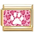 Goldenes italienisches Charm-Modul mit weißem Pfotenabdruck und Herz-Leoparden-Muster - Rosa Herz Leoparden Pfote Charm / 14