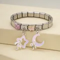 Silver stainless steel modular bracelet with pink star and moon enamel charms - Sweet Star Moon Bracelet (9)