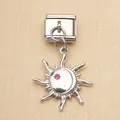 Silver stainless steel Italian link charm featuring a celestial sun and moon pendant. - Sun and Moon with Pink Stone (7)
