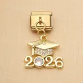 Close-up of a 2026 gold graduation cap charm for stainless steel Italian link bracelets - 2026 Graduation Cap Style (8) / Gold Style (8)