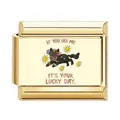 Detalle de eslabón italiano dorado con gato negro y texto de día de suerte especial - Charm Ilustración de Gato 3 (ZT-MK-383)