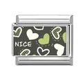 Primer plano de un charm modular plateado con patrones de corazones verdes y blancos - Estilo de Impresión de Corazón con Letra Nice (5)